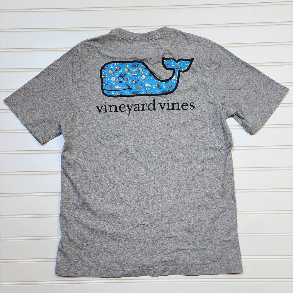 Vineyard Vines Boys Dog Print Whale Pocket Tee Size M (12-14) Gray & Blue